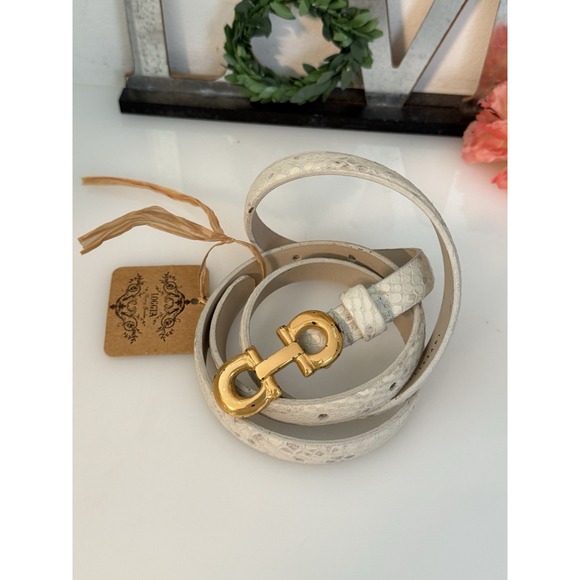 Anna Pellissari Size L Gold Tone Buckle Beige Gray Animal Print Leather Belt NWT